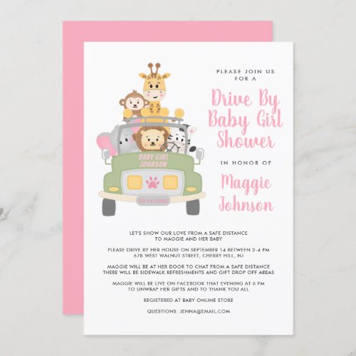 Cute Drive By Animal Safari Pink Baby Girl Shower Invitation