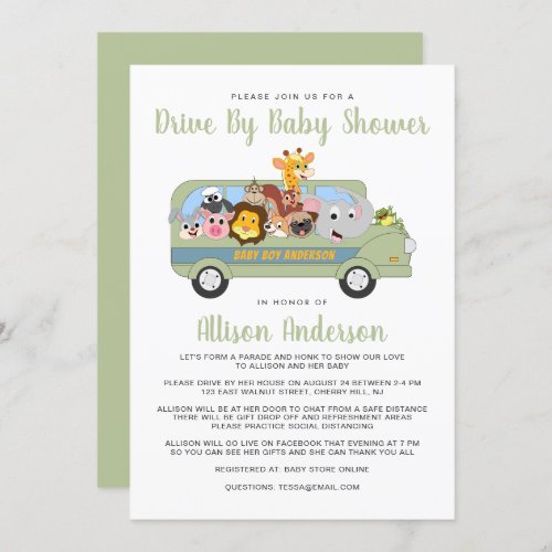 Cute Drive By Baby Shower Animal Safari Bus Green Invitation
