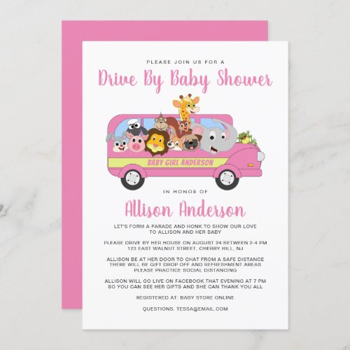 Cute Drive By Baby Shower Animal Safari Bus Pink Invitation