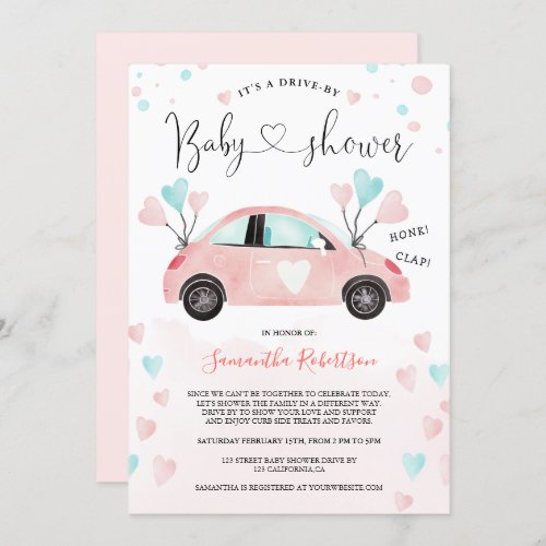 Cute Drive by baby shower car watercolor hearts Invitation