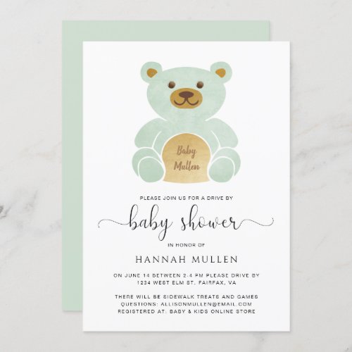 Cute Drive By Baby Shower Teddy Bear Mint Invitation