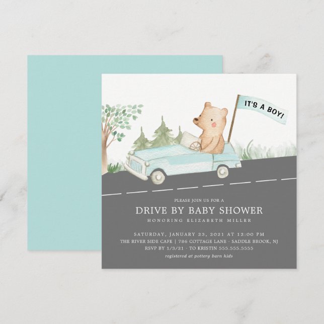 Cute Drive By Bear Boys Baby Shower Invitation (Front/Back)
