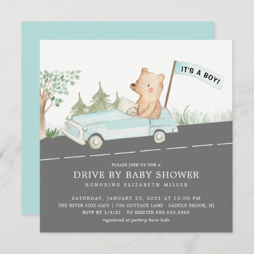 Cute Drive By Bear Boys Baby Shower Invitation