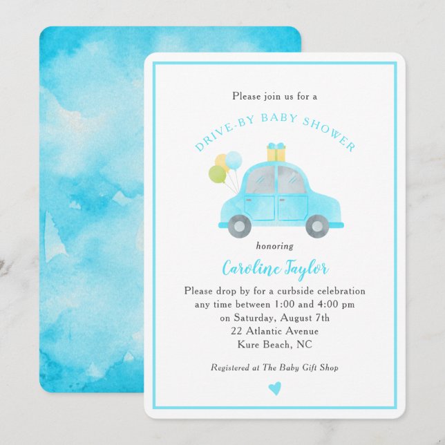 Cute Drive By Blue Car Balloons Boy Baby Shower Invitation (Front/Back)