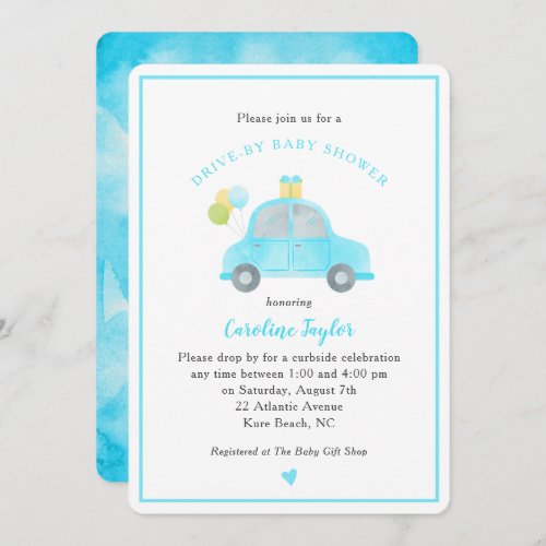 Cute Drive By Blue Car Balloons Boy Baby Shower Invitation