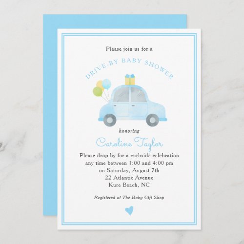 Cute Drive By Blue Car Balloons Boy Baby Shower Invitation