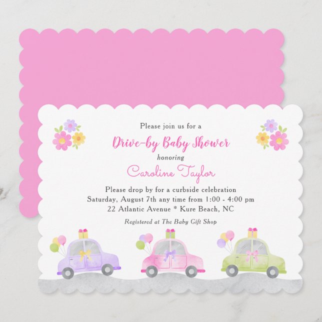Cute Drive Through Cars and Bows Girl Baby Shower Invitation (Front/Back)