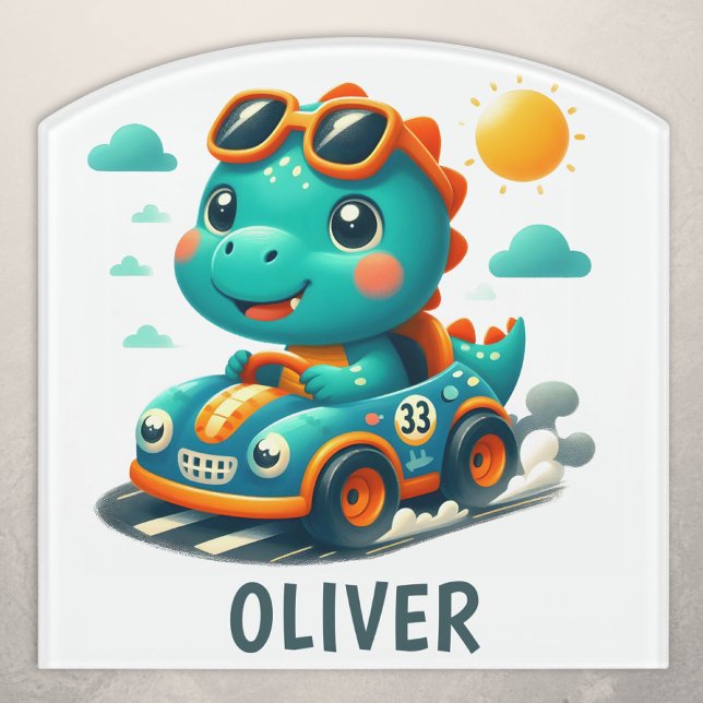 Cute Driver Dinosaur in a Race Car Door Sign (Creator Uploaded)