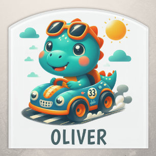 Cute Driver Dinosaur in a Race Car Door Sign