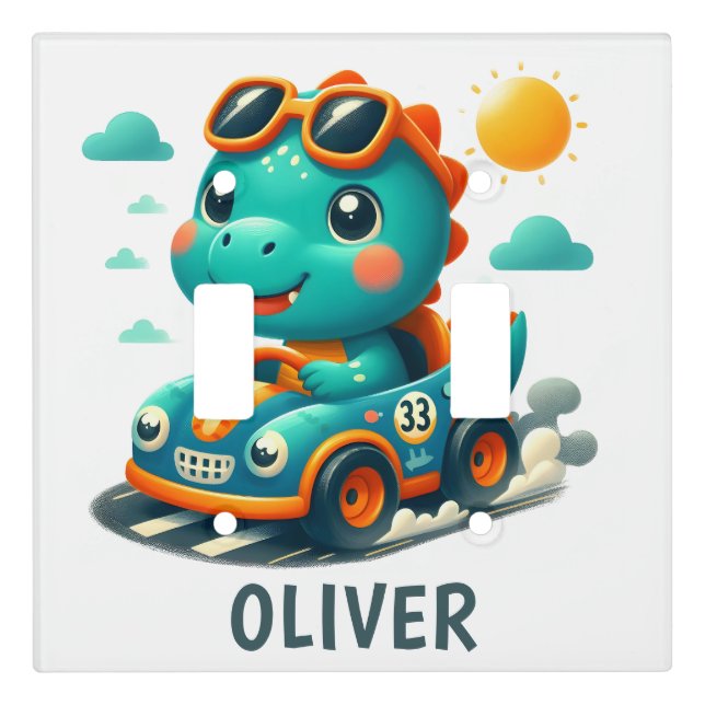 Cute Driver Dinosaur in a Race Car Light Switch Cover (Front)