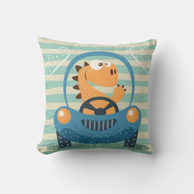 Cute Driving Dino Throw Pillow (Front)