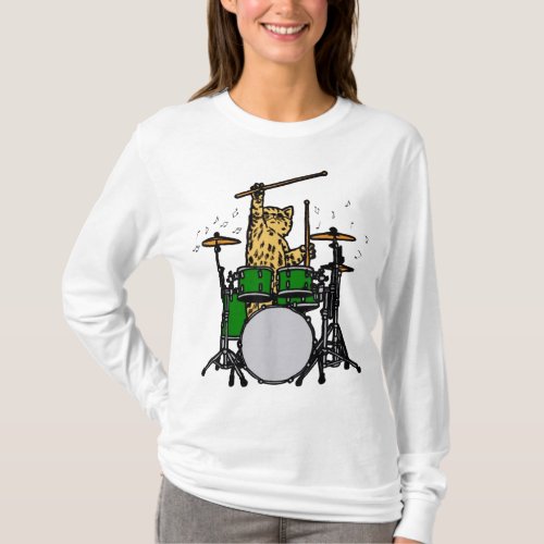 Cute Drummer Cat Musician Playing Drums Lovers T_Shirt