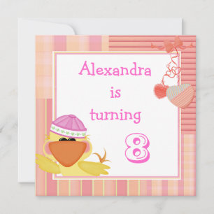 Cute Duck And Love Hearts 8th Birthday Invitation
