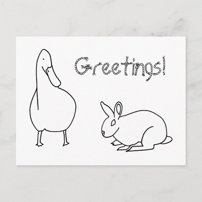 Cute Duck and Rabbit Greetings Coloring Postcards (Front)