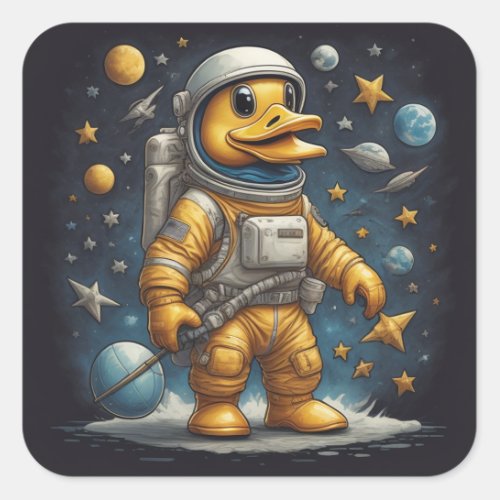 Cute Duck astronaut in space with planets funny Square Sticker