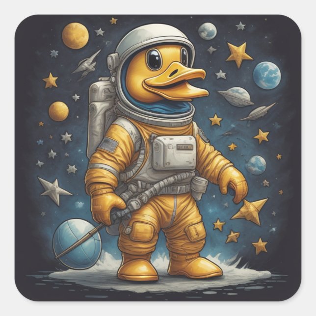Cute Duck astronaut in space with planets, funny Square Sticker (Front)