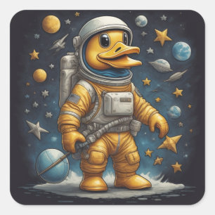 Cute Duck astronaut in space with planets, funny Square Sticker