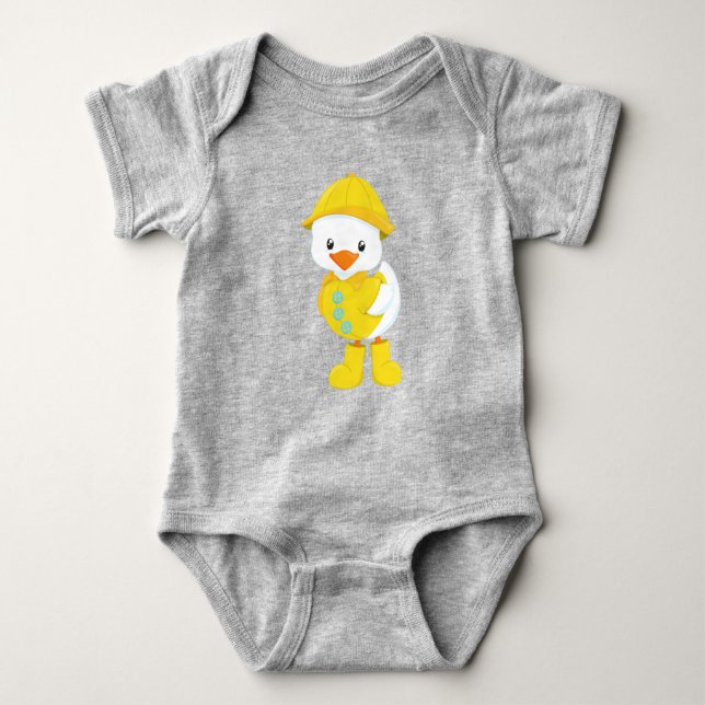 Cute Duck, Baby Duck, Duck In Raincoat, Rain Baby Bodysuit (Front)