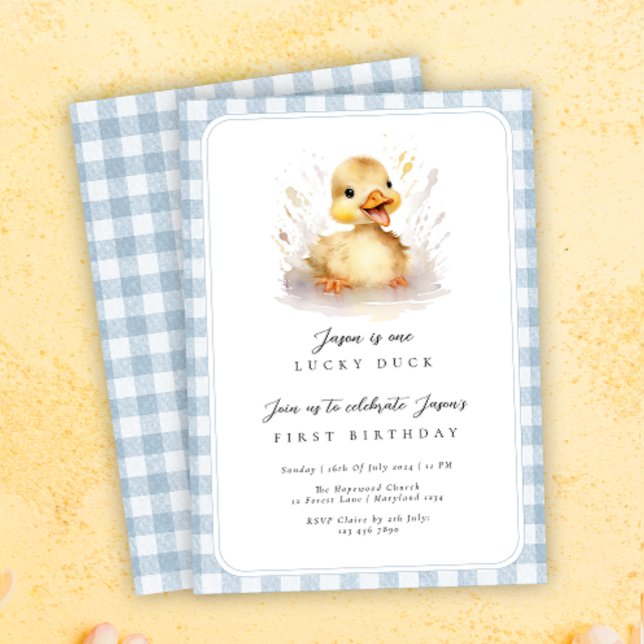 Cute Duck Blue Gingham 1st Birthday Invitation (Creator Uploaded)
