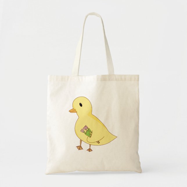 Cute Duck Carrying Flower Tote Bag (Front)