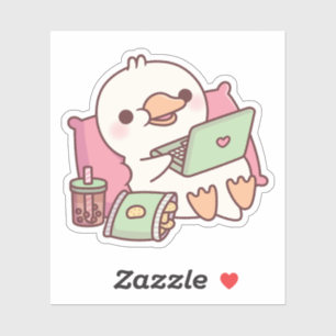 Cute Duck Chilling With Laptop And Snacks Sticker