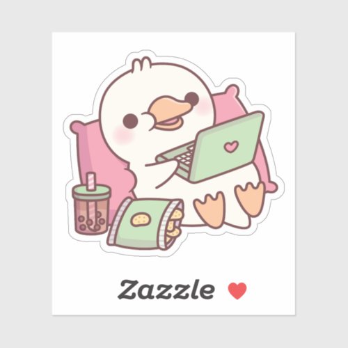 Cute Duck Chilling With Laptop And Snacks Sticker