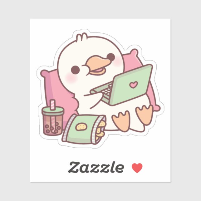Cute Duck Chilling With Laptop And Snacks Sticker (Sheet)