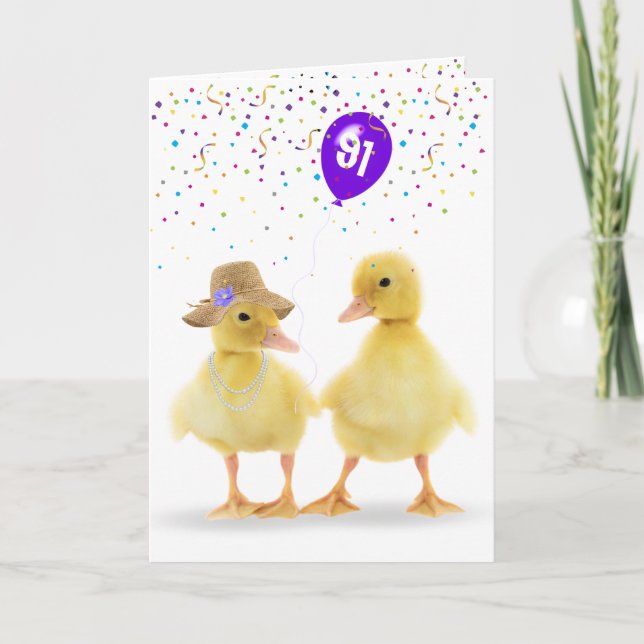 Cute Duck Couple With 91st Birthday Balloon Card (Front)