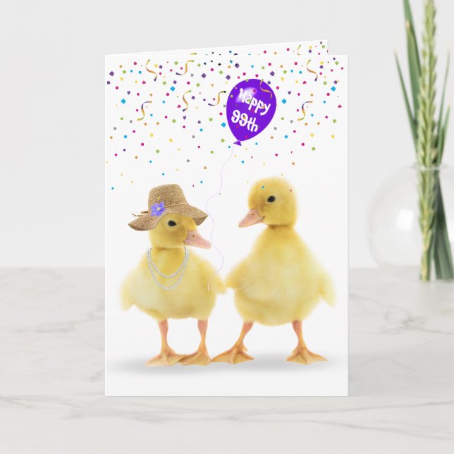 Cute Duck Couple With 99th Birthday Balloon Card (Front)