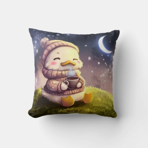 Cute Duck Drinks Coffe Under Moon Throw Pillow