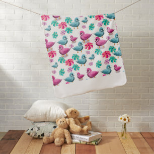 Cute Duck Floral Pattern Kawaii Pink Blue Ducks Baby Blanket