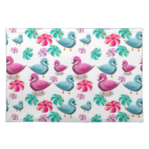 Cute Duck Floral Pattern Kawaii Pink Blue Ducks Cloth Placemat