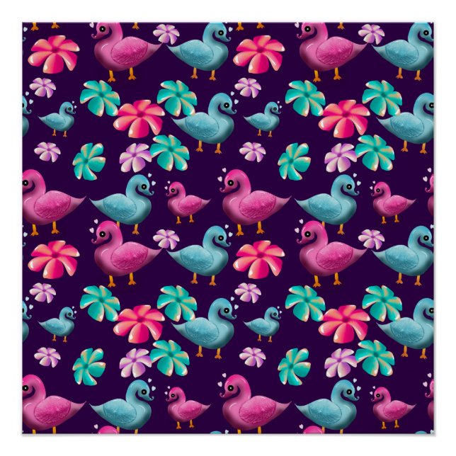 Cute Duck Floral Pattern Kawaii Pink Blue Ducks  Poster (Front)