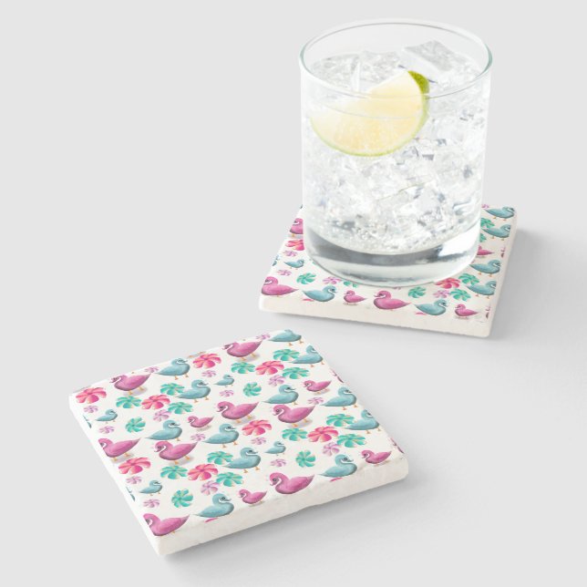 Cute Duck Floral Pattern Kawaii Pink Blue Ducks  Stone Coaster (Side)