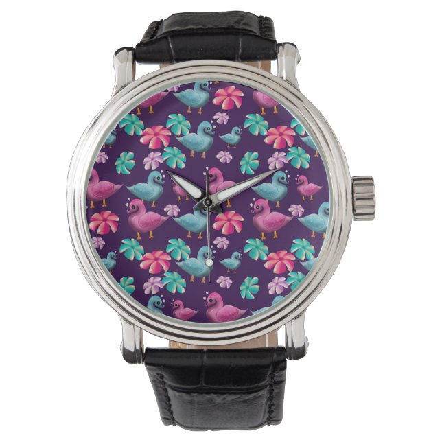 Cute Duck Floral Pattern Kawaii Pink Blue Ducks  Watch (Front)