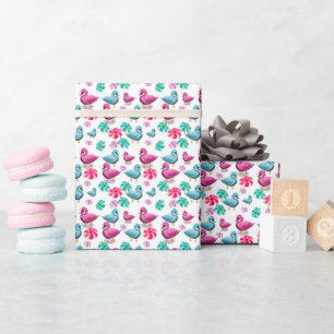 Cute Duck Floral Pattern Kawaii Pink Blue Ducks Wrapping Paper