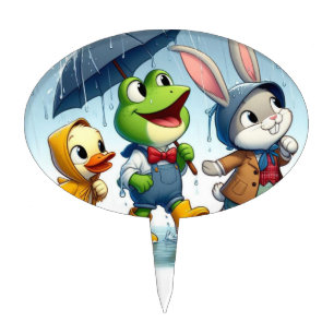 Cute duck, frog, bunny in the rain cake topper