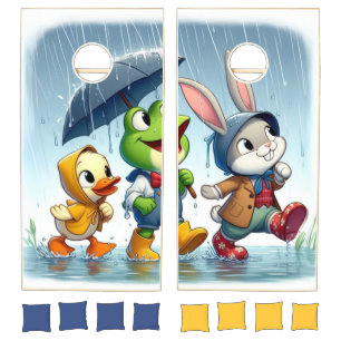 Cute duck, frog, bunny in the rain cornhole set