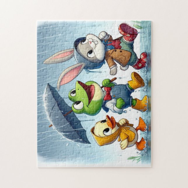 Cute duck, frog, bunny in the rain jigsaw puzzle (Vertical)
