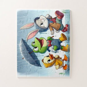 Cute duck, frog, bunny in the rain jigsaw puzzle
