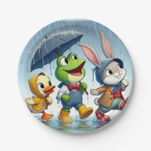 Cute duck, frog, bunny in the rain paper plates