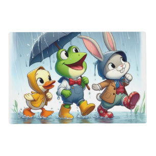 Cute duck, frog, bunny in the rain placemat