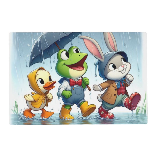 Cute duck, frog, bunny in the rain placemat (Front)