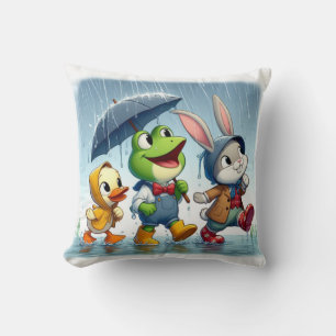 Cute duck, frog, bunny in the rain throw pillow