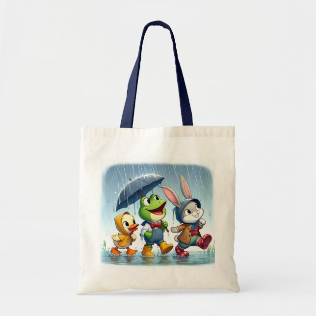 Cute duck, frog, bunny in the rain tote bag (Front)