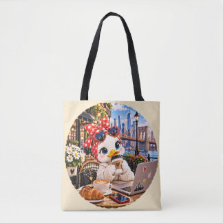 Cute Duck Girl in New York Cafe Travel Tote Bag