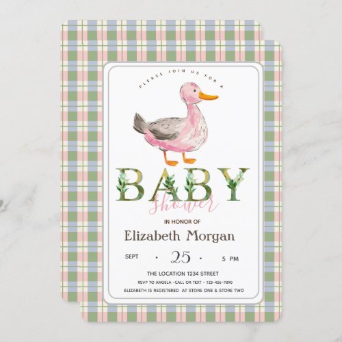 Cute Duck Green Pink Plaid Baby Shower  Invitation