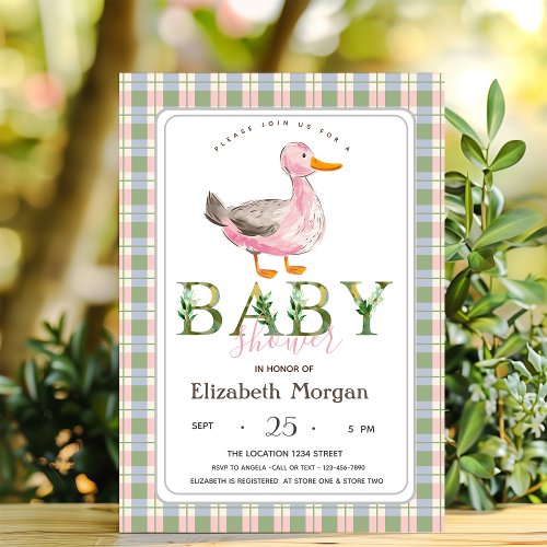 Cute Duck Green Pink Plaid Baby Shower  Invitation