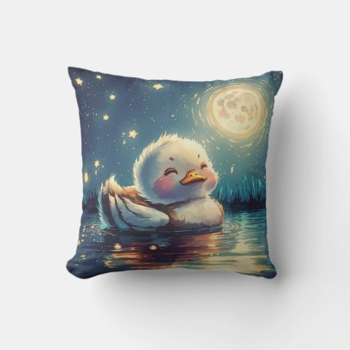Cute Duck in a Pond under Moon Light Throw Pillow