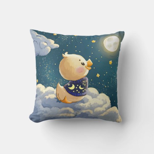 Cute Duck on a Could Looks at Moon Throw Pillow